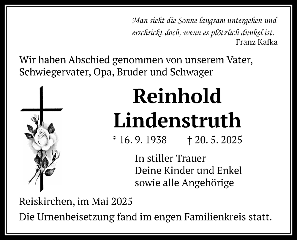 Traueranzeige für Reinhold Lindenstruth vom 31.05.2025 aus Giessener Allgemeine, Alsfelder Allgemeine