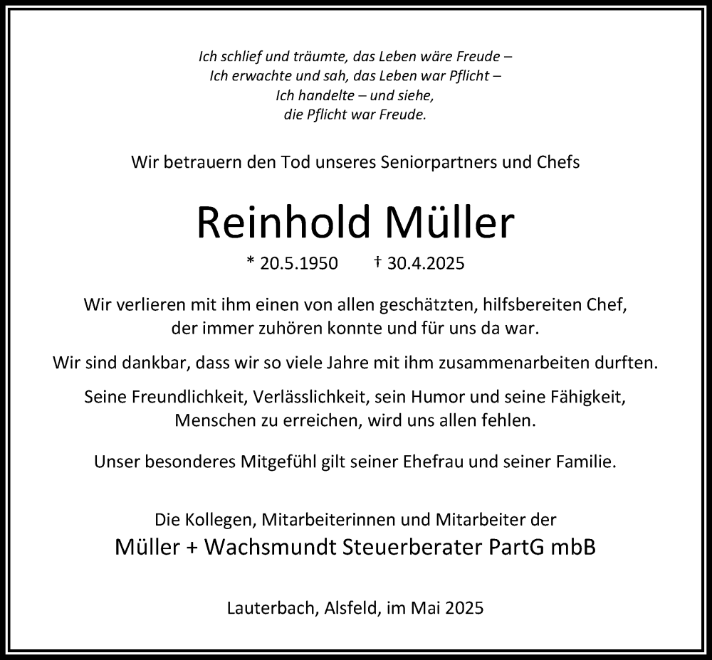  Traueranzeige für Reinhold Müller vom 24.05.2025 aus Lauterbacher Anzeiger, Oberhessische Zeitung
