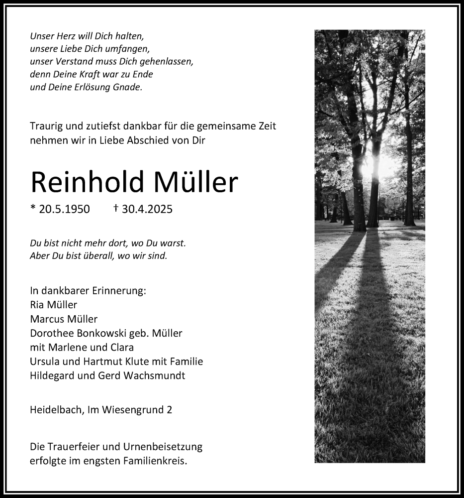 Traueranzeige für Reinhold Müller vom 24.05.2025 aus Oberhessische Zeitung, Lauterbacher Anzeiger