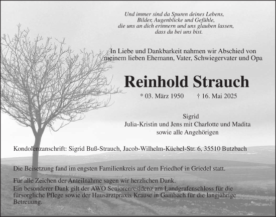 Traueranzeige von Reinhold Strauch von Butzbacher Zeitung