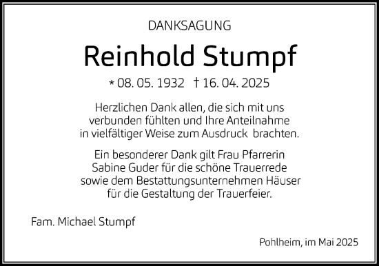 Traueranzeige von Reinhold Stumpf von Pohlheimer Nachrichten, Pohlheimer Nachrichten, Pohlheimer Nachrichten