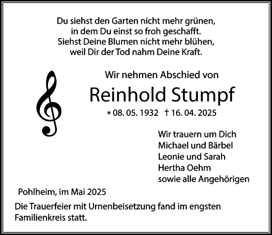 Traueranzeige von Reinhold Stumpf von Pohlheimer Nachrichten