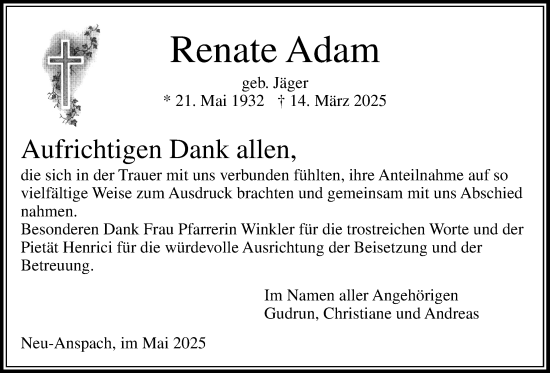 Traueranzeige von Renate Adam von Usinger Anzeiger, Usinger Anzeigenblatt