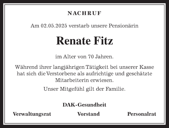 Traueranzeige von Renate Fitz von Giessener Allgemeine, Alsfelder Allgemeine