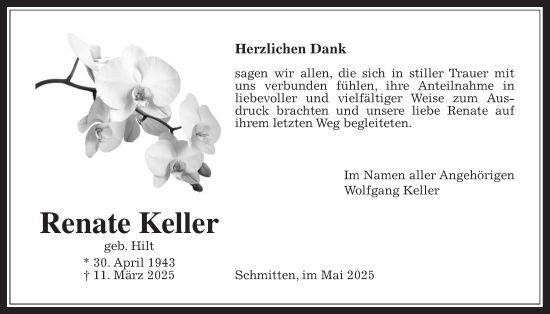 Traueranzeige von Renate Keller von Usinger Anzeiger