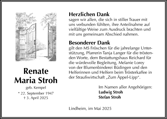 Traueranzeige von Renate Maria Stroh von Kreis-Anzeiger