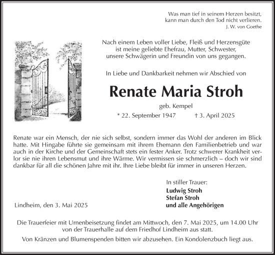 Traueranzeige von Renate Maria Stroh von Kreis-Anzeiger