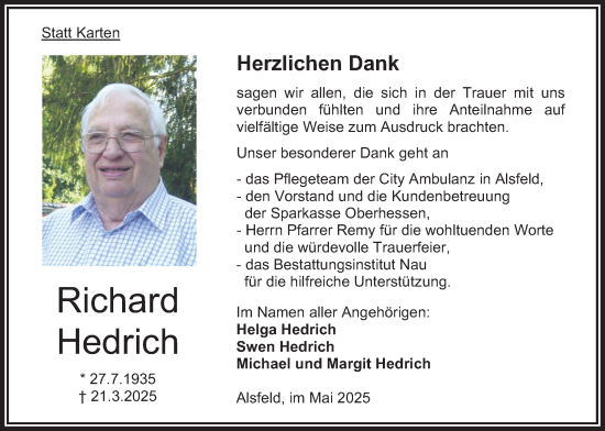 Traueranzeige von Richard Hedrich von Oberhessische Zeitung