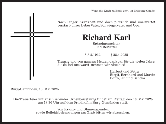 Traueranzeige von Richard Karl von Oberhessische Zeitung, Alsfelder Allgemeine