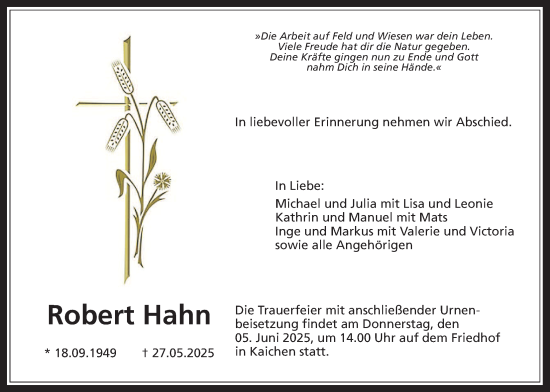 Traueranzeige von Robert Hahn von Wetterauer Zeitung