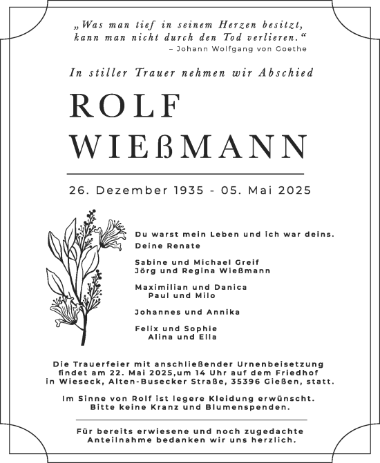 Traueranzeige von Rolf Wiebmann von Giessener Allgemeine, Alsfelder Allgemeine