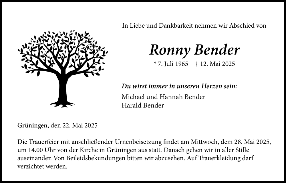  Traueranzeige für Ronny Bender vom 22.05.2025 aus Pohlheimer Nachrichten