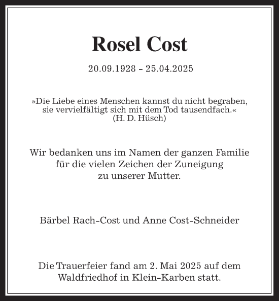 Traueranzeige von Rosel Cost von Bad Vilbel/Karben