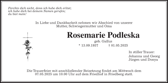 Traueranzeige von Rosemarie Podleska von Wetterauer Zeitung