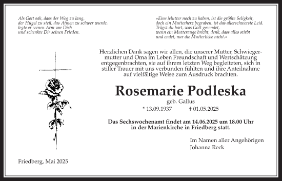Traueranzeige von Rosemarie Podleska von Wetterauer Zeitung