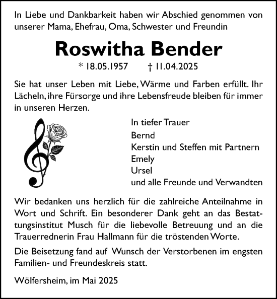 Traueranzeige von Roswitha Bender von Wetterauer Zeitung