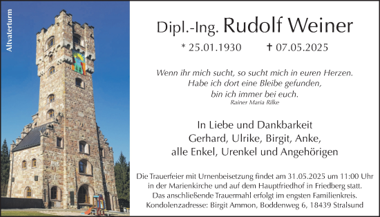 Traueranzeige von Rudolf Weiner von Wetterauer Zeitung