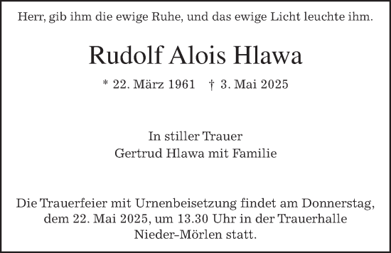 Traueranzeige von Rudolf Alois Hlawa von Wetterauer Zeitung