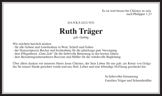 Traueranzeige von Ruth Träger von Giessener Allgemeine, Alsfelder Allgemeine, Giessener Anzeiger
