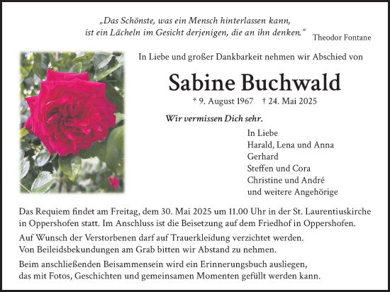Traueranzeige von Sabine Buchwald von Butzbacher Zeitung, Wetterauer Zeitung