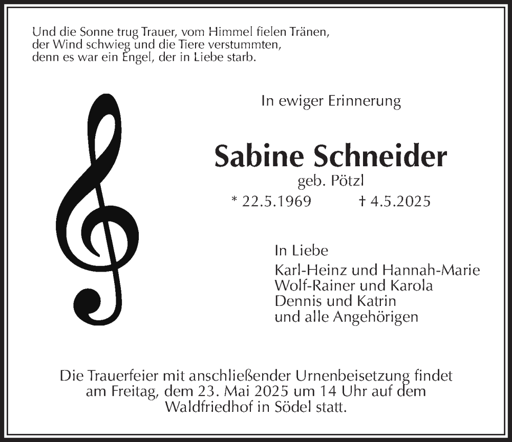 Traueranzeige für Sabine Schneider vom 17.05.2025 aus Wetterauer Zeitung