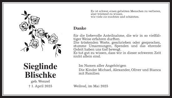 Traueranzeige von Sieglinde Blischke von Usinger Anzeiger