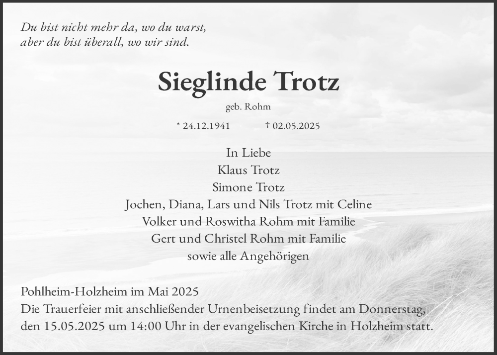  Traueranzeige für Sieglinde Trotz vom 10.05.2025 aus Giessener Allgemeine, Alsfelder Allgemeine, Giessener Allgemeine, Alsfelder Allgemeine