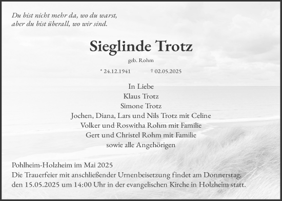 Traueranzeige von Sieglinde Trotz von Giessener Allgemeine, Alsfelder Allgemeine, Giessener Allgemeine, Alsfelder Allgemeine