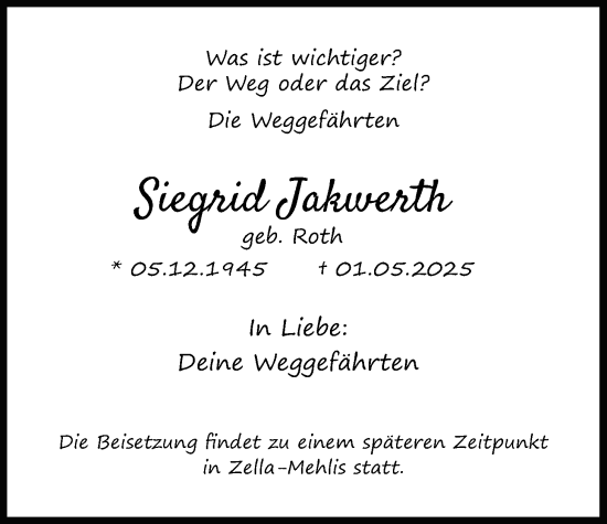 Traueranzeige von Siegrid Jakwerth von Bad Vilbel/Karben