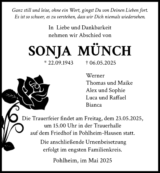 Traueranzeige von Sonja Münch von Pohlheimer Nachrichten