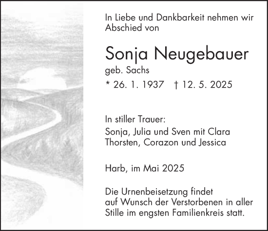 Traueranzeige von Sonja Neugebauer von Kreis-Anzeiger
