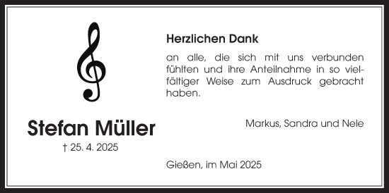 Traueranzeige von Stefan Müller von Giessener Allgemeine, Alsfelder Allgemeine, Giessener Anzeiger