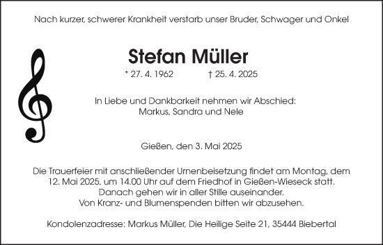 Traueranzeige von Stefan Müller von Giessener Allgemeine, Alsfelder Allgemeine, Giessener Anzeiger