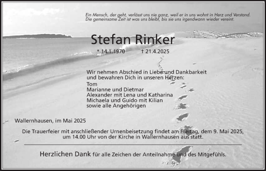 Traueranzeige von Stefan Rinker von Kreis-Anzeiger
