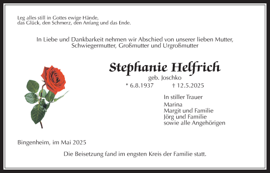 Traueranzeige von Stephanie Helfrich von Wetterauer Zeitung
