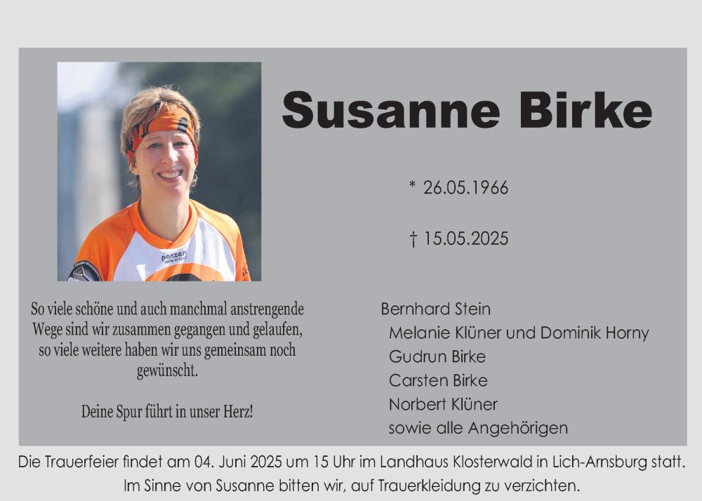  Traueranzeige für Susanne Birke vom 31.05.2025 aus Giessener Anzeiger, Giessener Allgemeine, Alsfelder Allgemeine