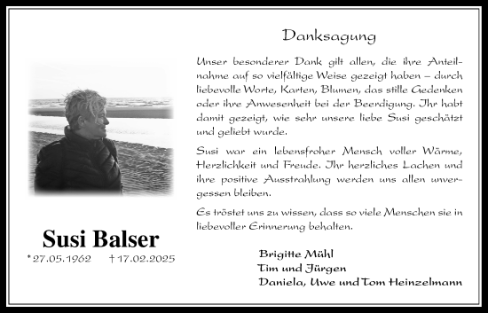 Traueranzeige von Susi Balser von Giessener Allgemeine, Alsfelder Allgemeine, Giessener Anzeiger, Giessener Allgemeine, Alsfelder Allgemeine, Giessener Anzeiger