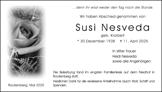 Traueranzeige von Susi Nesveda von Butzbacher Zeitung