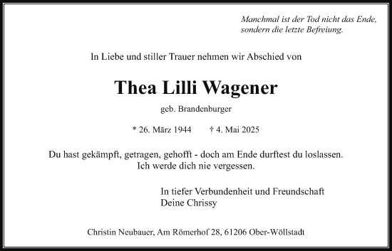 Traueranzeige von Thea Lilli Wagener von Wetterauer Zeitung, Wetterauer Zeitung