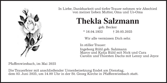 Traueranzeige von Thekla Salzmann von Usinger Anzeiger