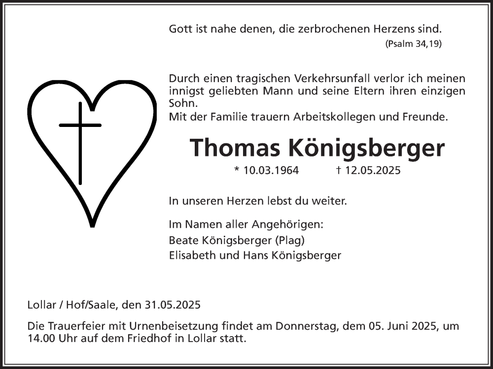  Traueranzeige für Thomas Königsberger vom 31.05.2025 aus Giessener Anzeiger, Giessener Allgemeine, Alsfelder Allgemeine
