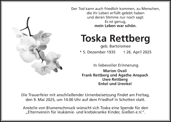 Traueranzeige von Toska Rettberg von Kreis-Anzeiger