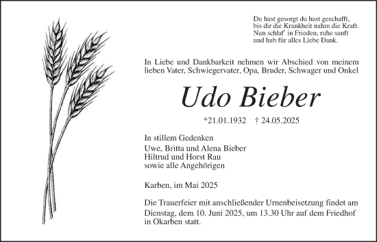 Traueranzeige von Udo Bieber von Wetterauer Zeitung