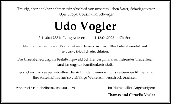 Traueranzeige von Udo Vogler von Giessener Allgemeine, Alsfelder Allgemeine, Giessener Anzeiger, Giessener Allgemeine, Alsfelder Allgemeine, Giessener Anzeiger