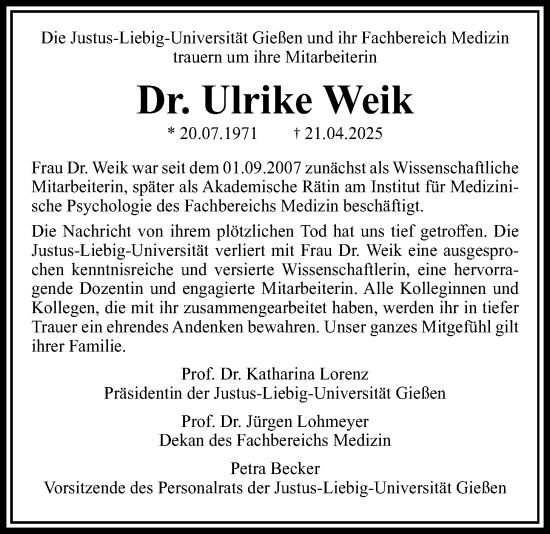 Traueranzeige von Ulrike Weik von Giessener Allgemeine, Alsfelder Allgemeine, Giessener Allgemeine, Alsfelder Allgemeine