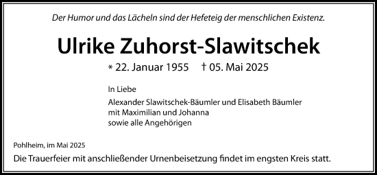 Traueranzeige von Ulrike Zuhorst-Slawitschek von Giessener Allgemeine, Alsfelder Allgemeine, Pohlheimer Nachrichten