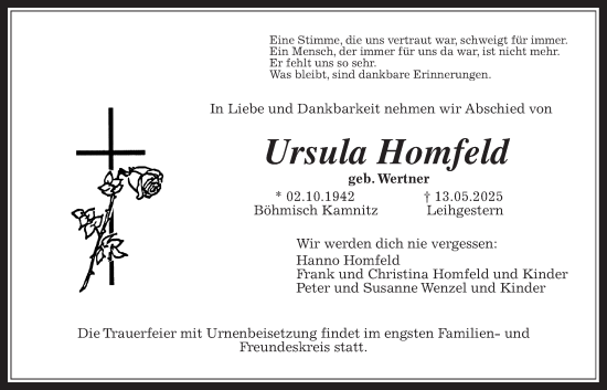 Traueranzeige von Ursula Homfeld von Giessener Allgemeine, Alsfelder Allgemeine