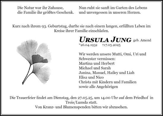 Traueranzeige von Ursula Jung von Giessener Allgemeine, Alsfelder Allgemeine, Giessener Anzeiger