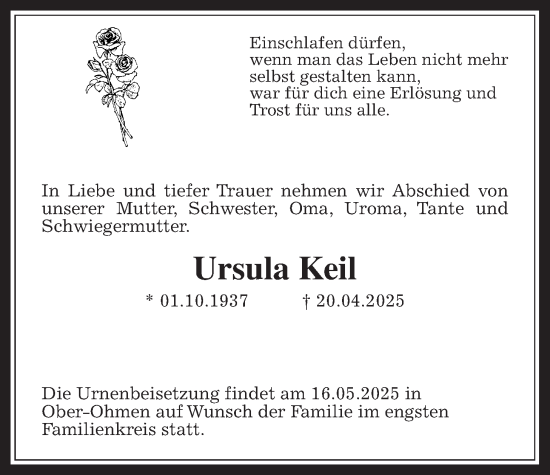 Traueranzeige von Ursula Keil von Mücker Stimme