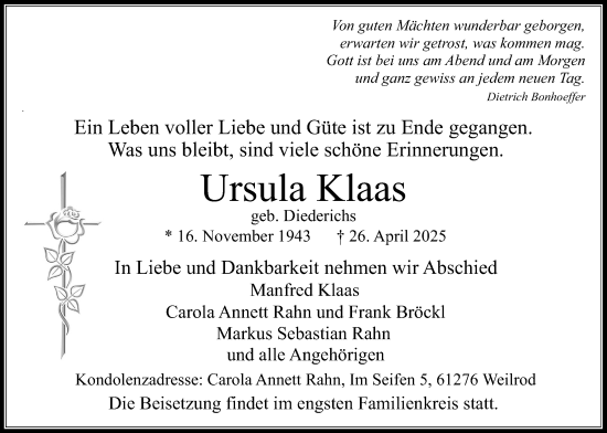 Traueranzeige von Ursula Klaas von Usinger Anzeiger